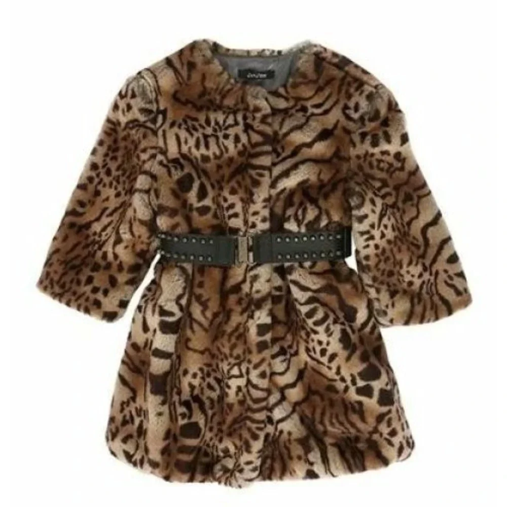 JAKIOO by‎ MONNALISA  Girls L  Leopard Plush Faux Fur Belted  Dress Coat Winter